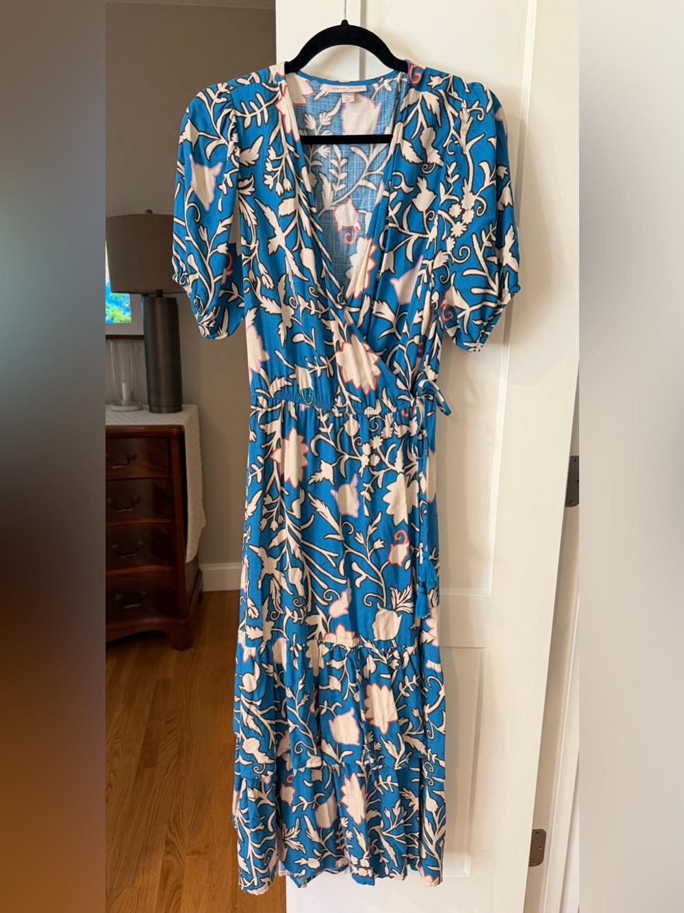 Knox Rose Blue Floral Wrap Midi Dress with Cream and coral accents.